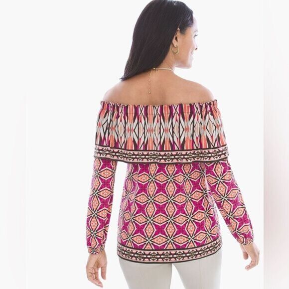 Chico’s Graphic Pattern‎ Off the Shoulder Long Sleeves Top Size Medium - Picture 14 of 14